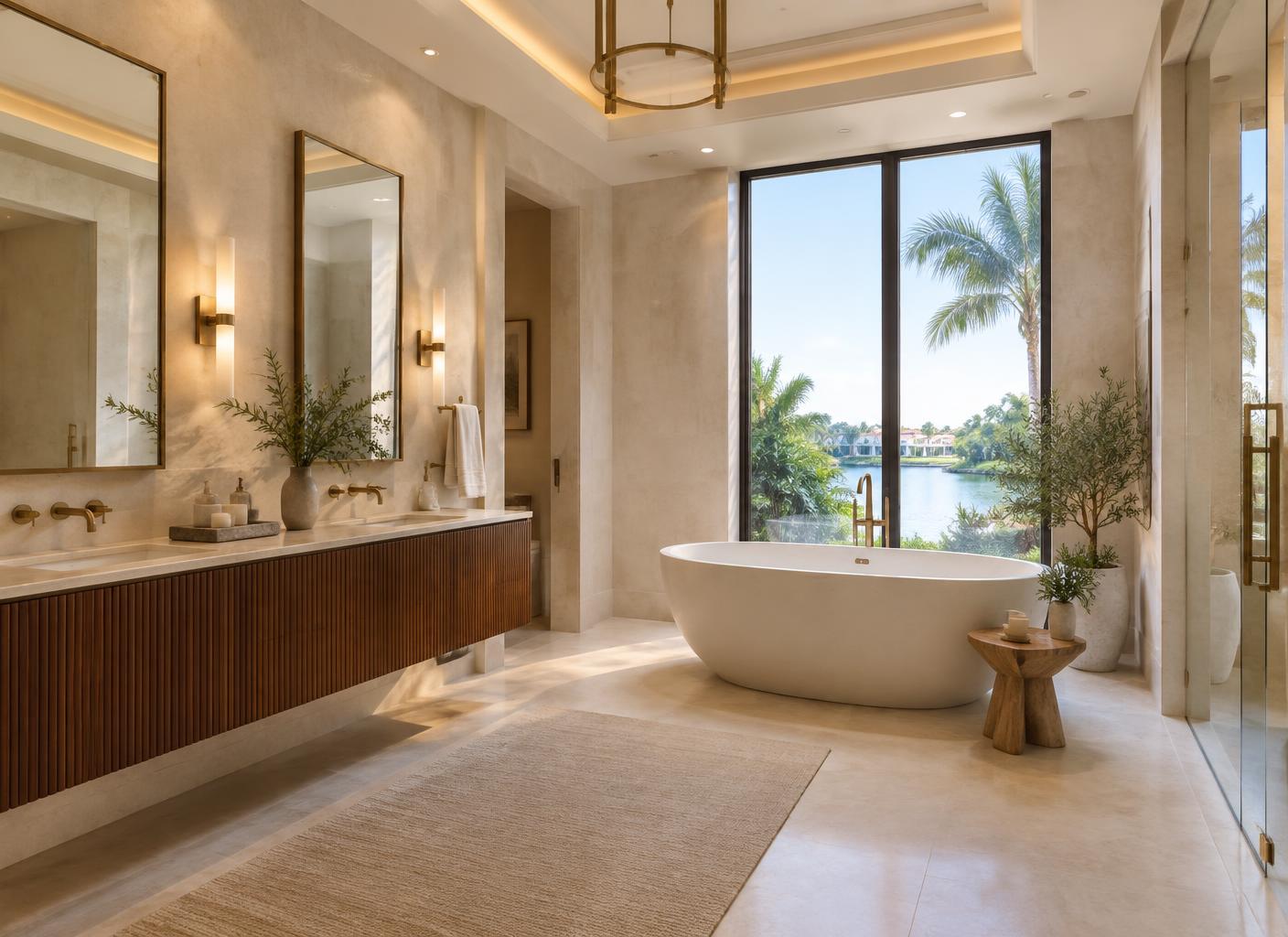 Bathroom design concept with walnut vanity and freestanding tub