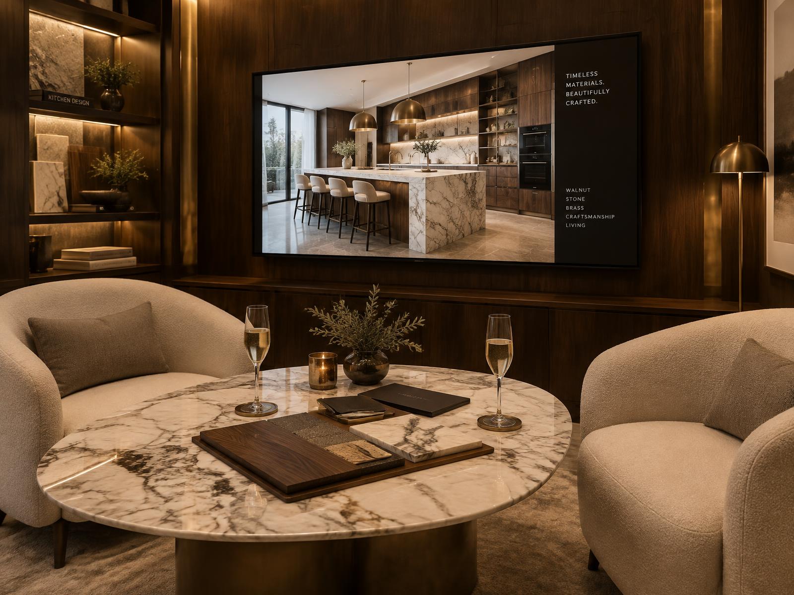 Design concept: lounge seating and material samples in front of a large screen showing a 3D kitchen