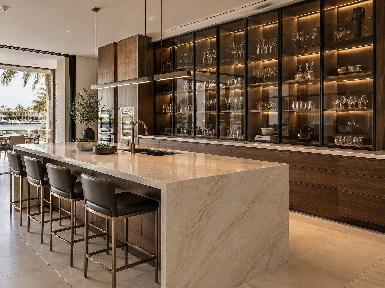 Modern kitchen with black-framed glass cabinets and warm integrated lighting