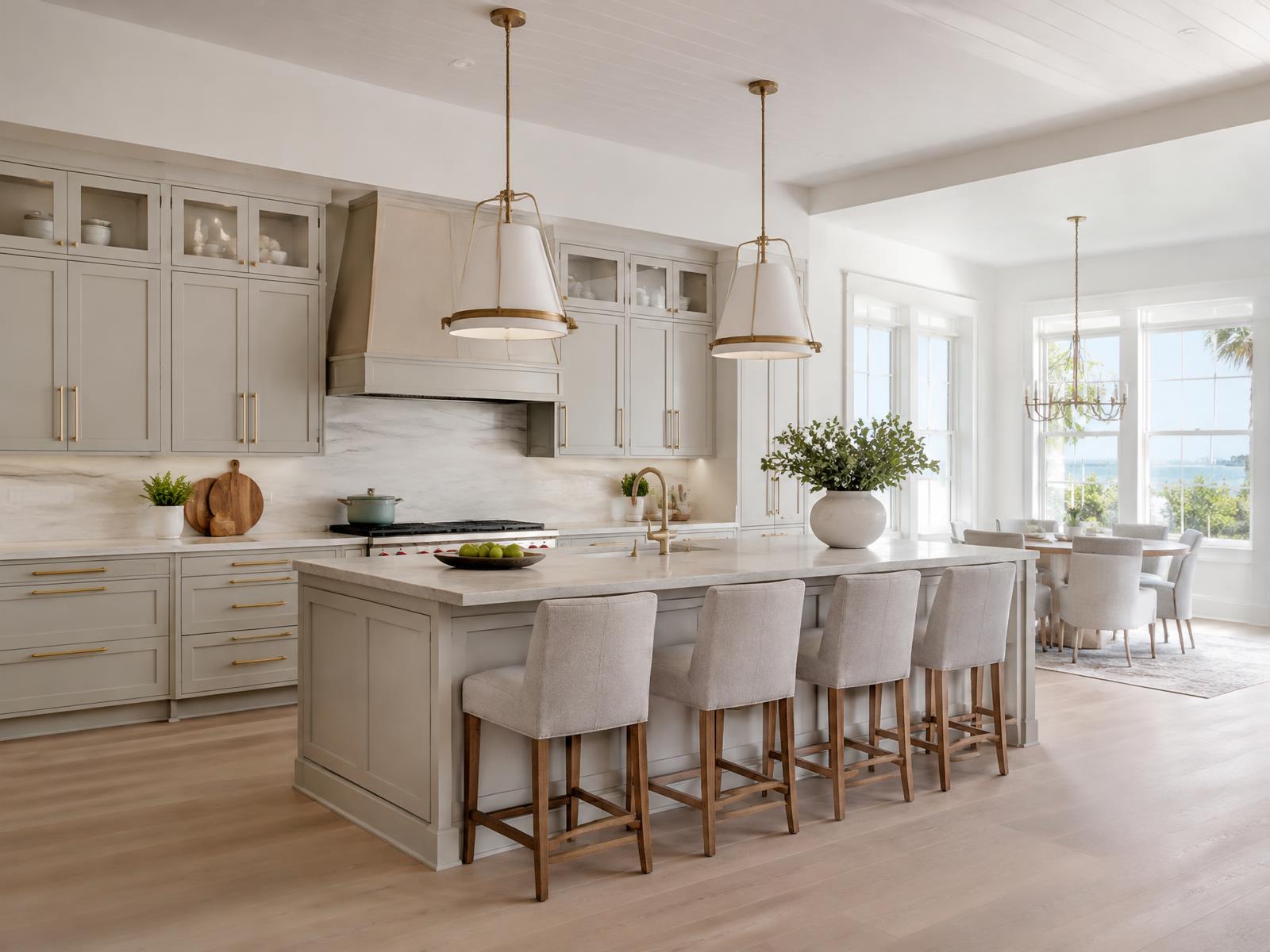 Transitional kitchen with greige shaker cabinetry