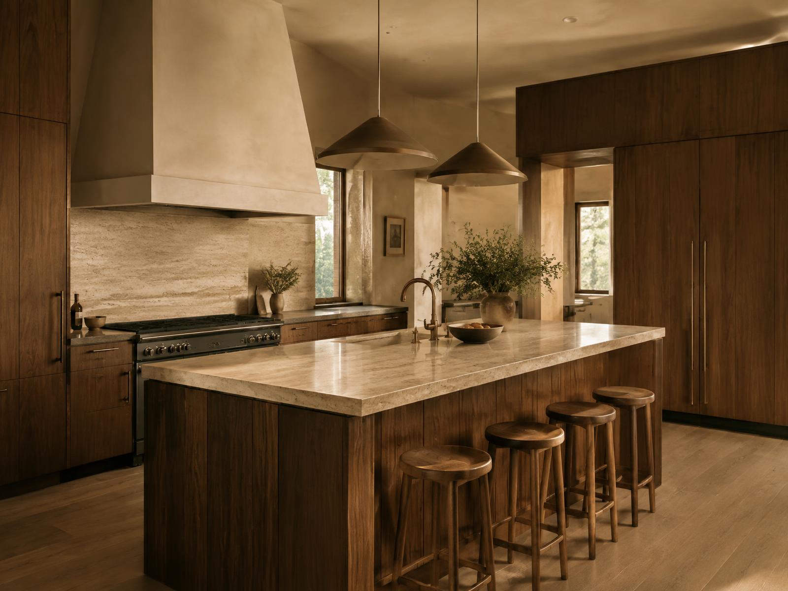 Design concept: warm modern kitchen with walnut cabinetry and travertine