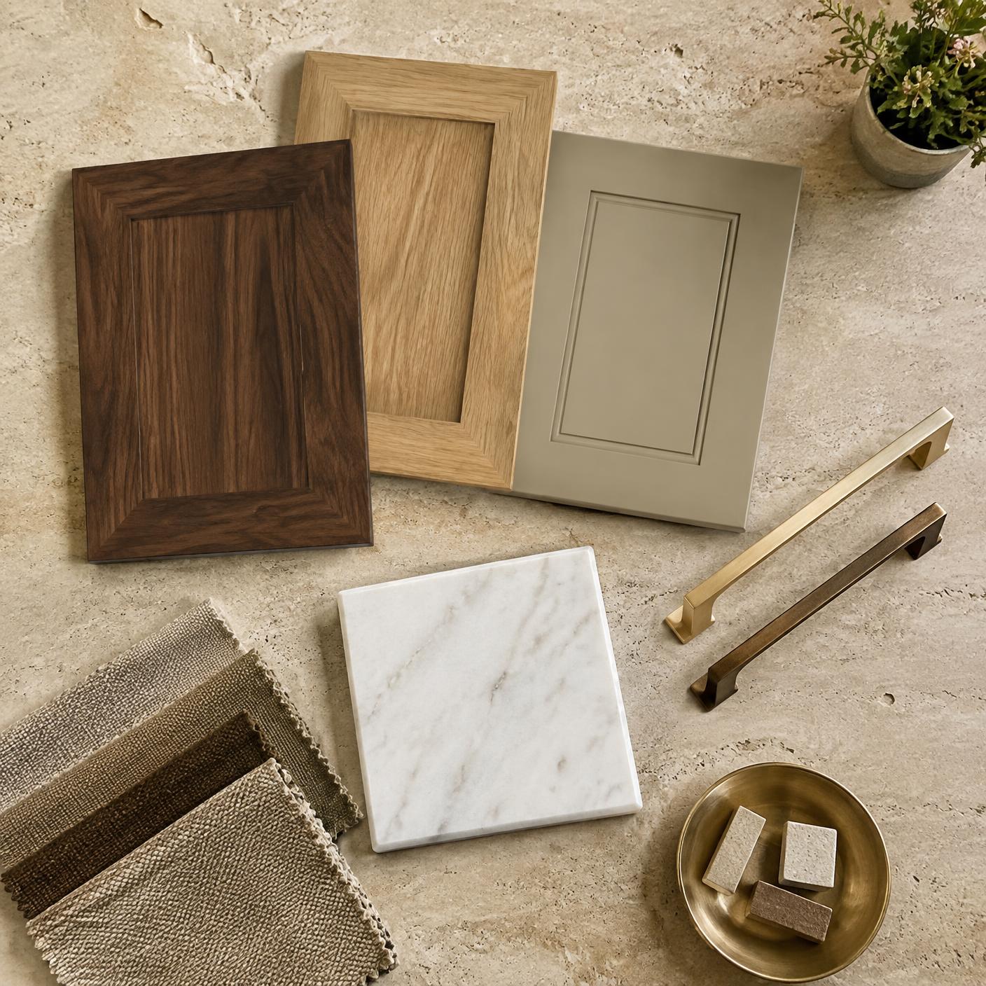 Walnut, oak and painted cabinet door samples with brass hardware and marble